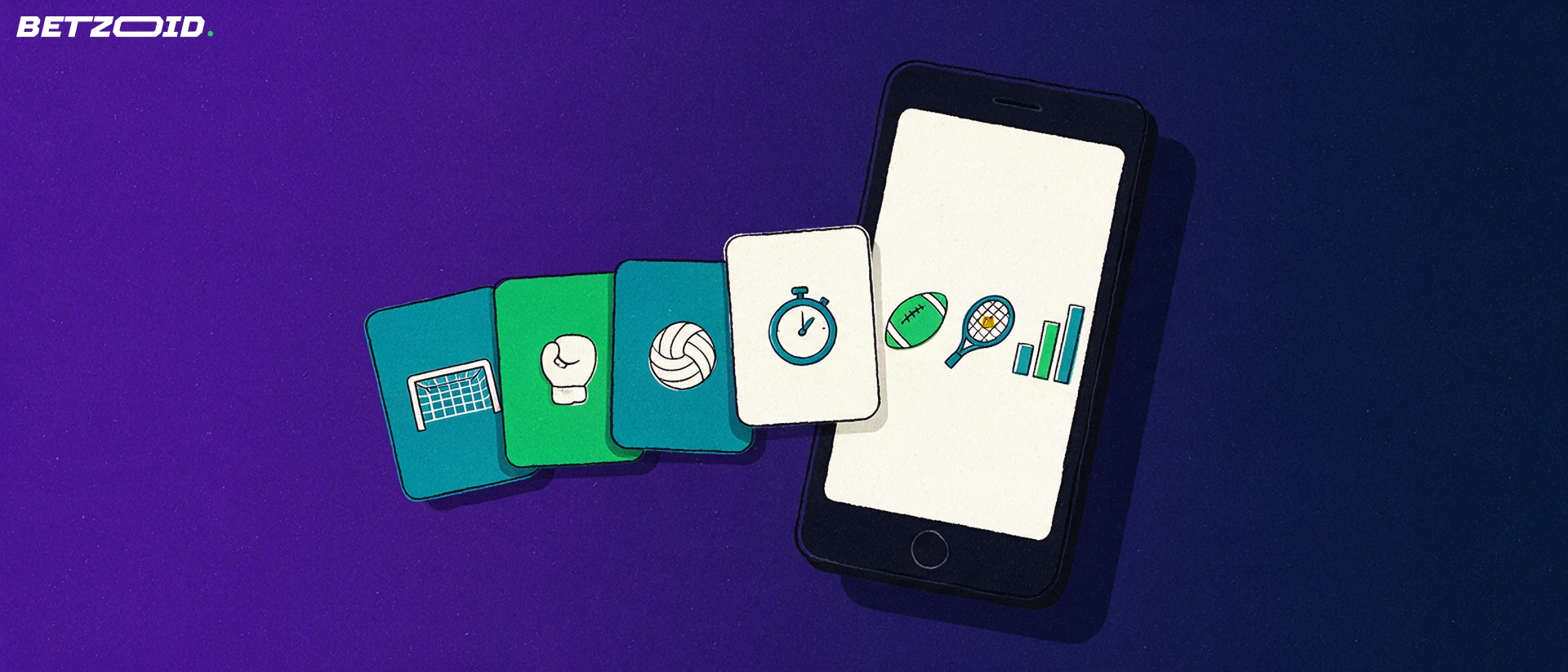 Ilustração de um smartphone inclinado com ícones esportivos na tela e cartões coloridos abertos em leque ao lado, cada um com um símbolo de esporte diferente.