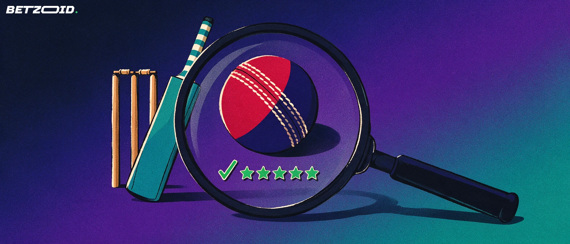 Illustration of a magnifying glass inspecting a cricket ball in front of stumps and a bat, with small stars and a checkmark inside the lens.