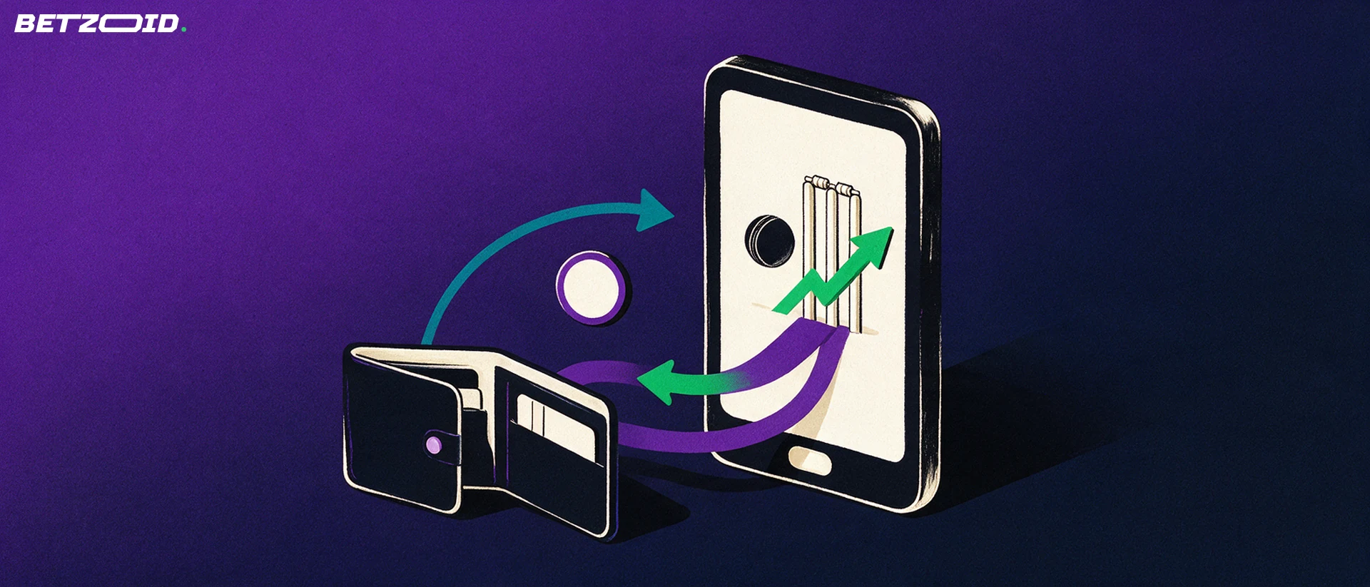 Illustration of a smartphone showing cricket symbols connected by curved arrows to an open wallet, suggesting mobile betting and payments.