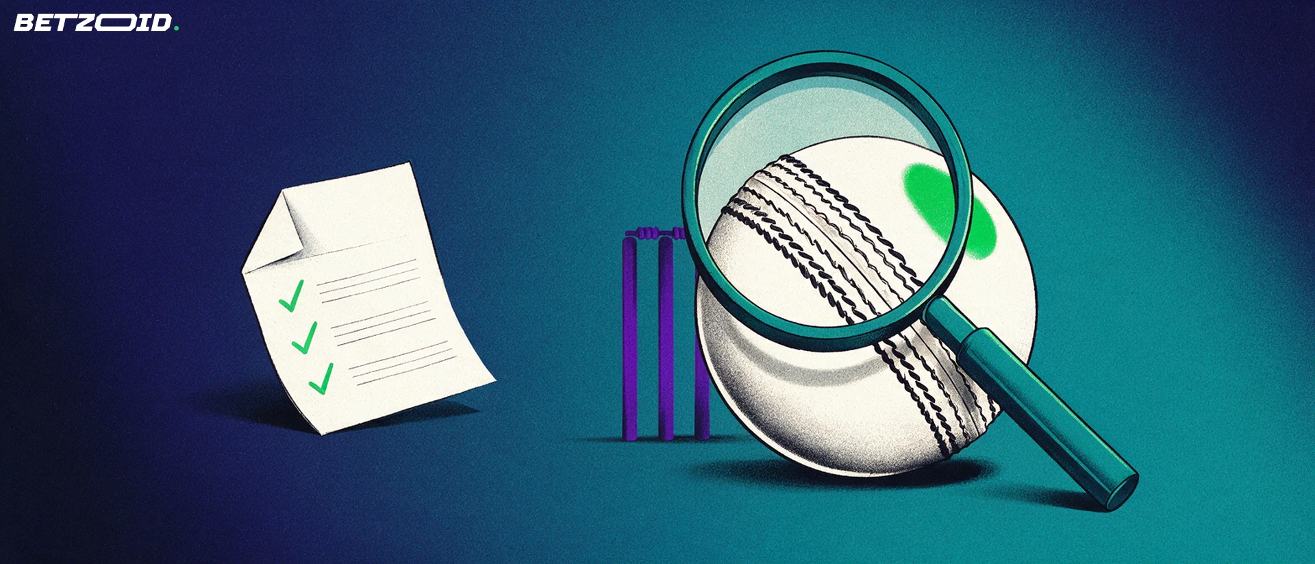 Illustration of a magnifying glass examining a cricket ball beside a paper betting slip marked with check marks.