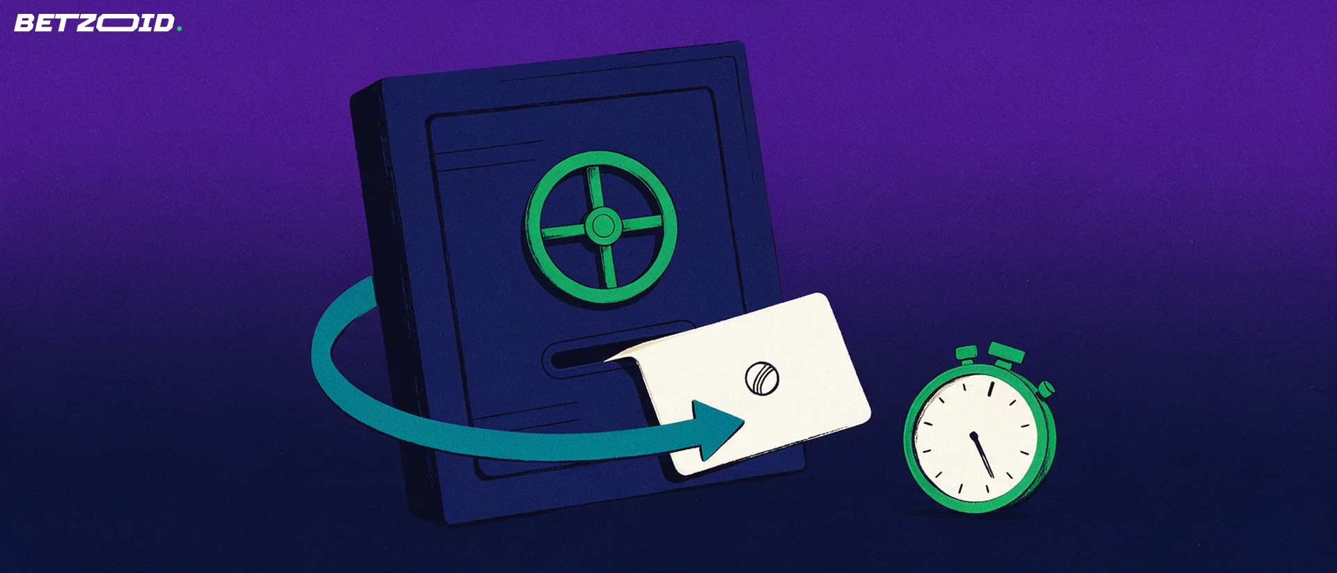 Illustration of a card entering a vault slot with a looping arrow and a stopwatch, showing deposits and withdrawals.