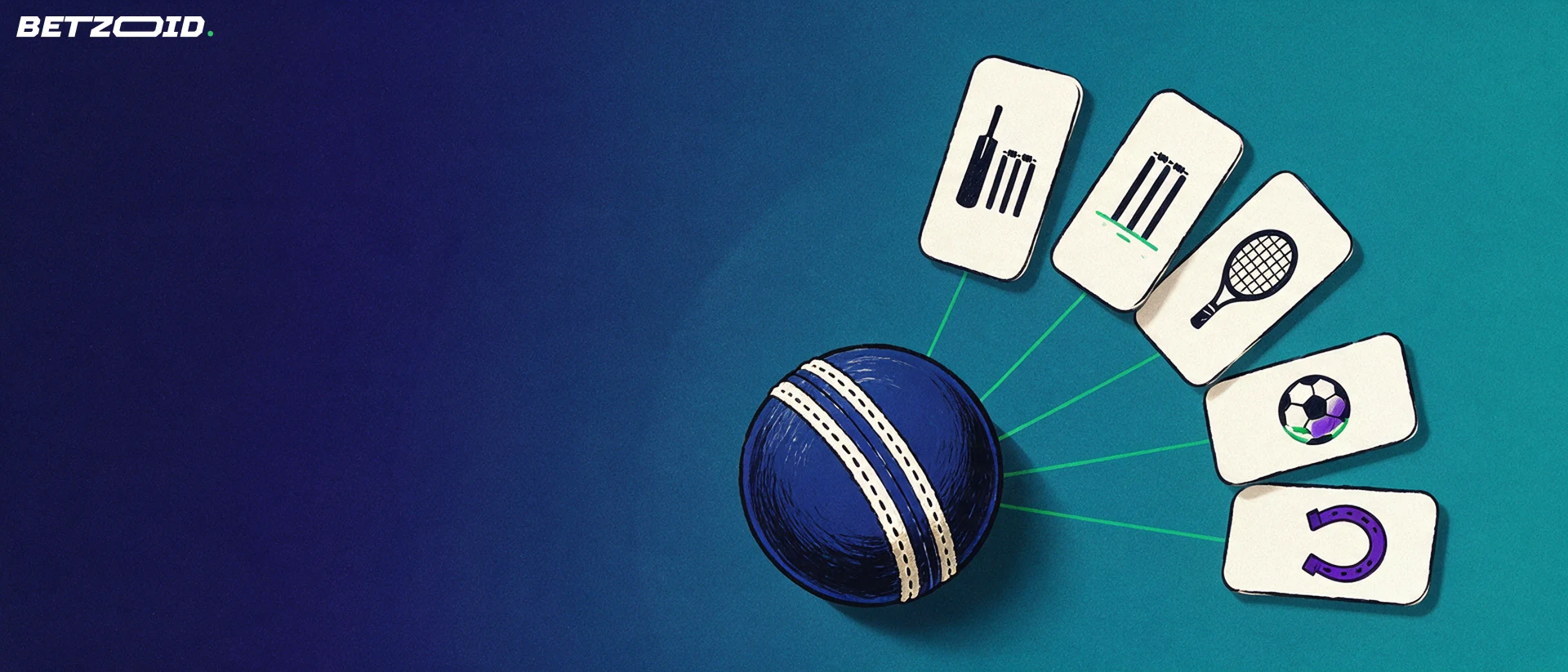 Illustration of a cricket ball as a hub with a fan of cards showing sport symbols such as bat and stumps, tennis racket and football.