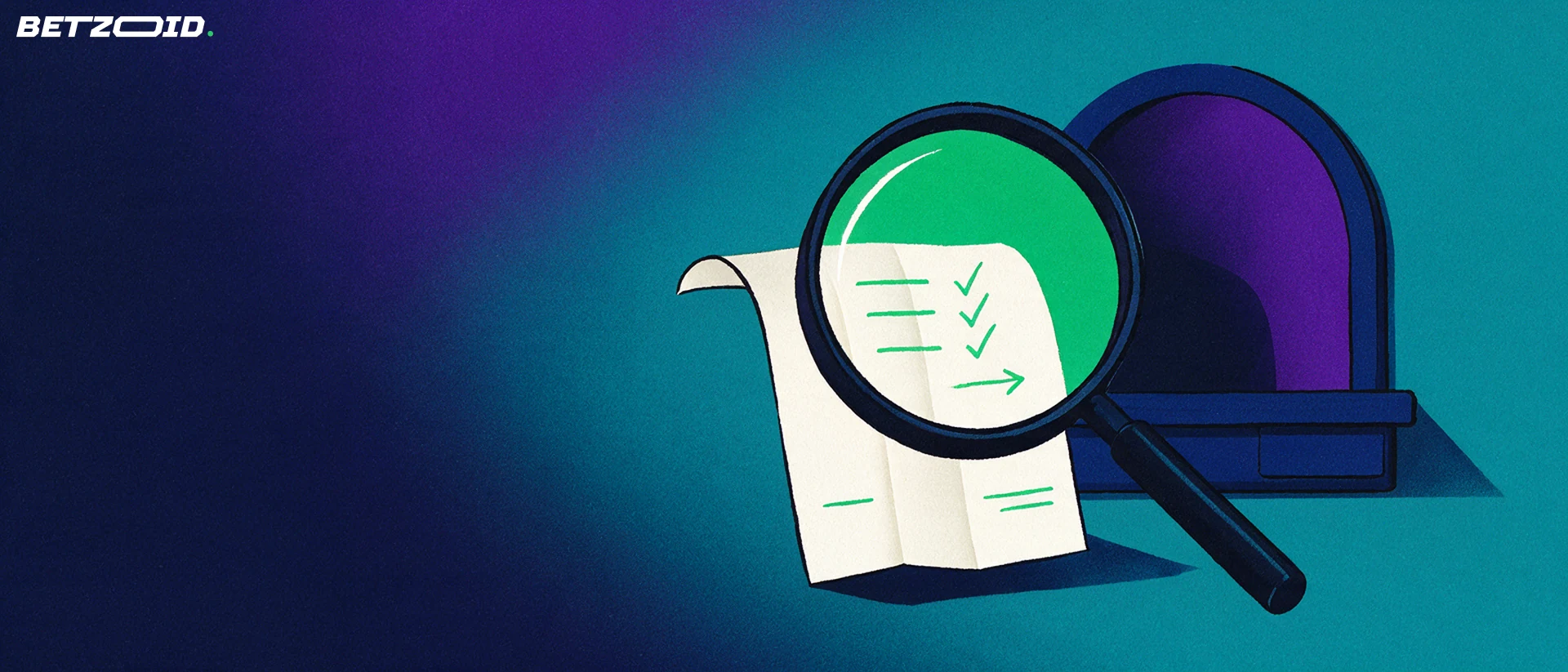 Illustration of a large magnifying glass examining a folded sports betting slip with tick marks in front of a simple ticket-window arch.