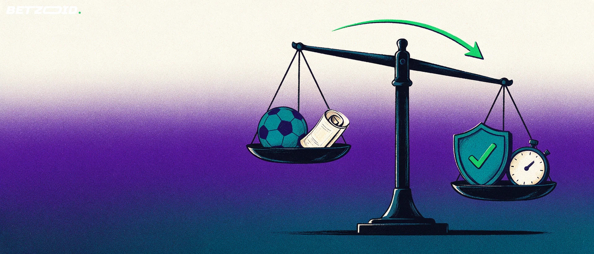 Illustration of a balance scale weighing a rolled betting slip and ball against a shield with a checkmark and a stopwatch.