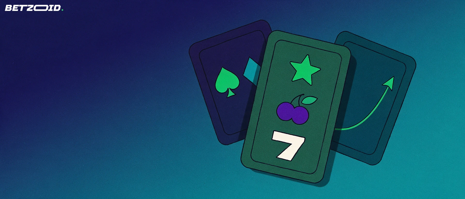 Ilustração de três painéis de jogos de cassino em leque: rolo de caça-níqueis, cartas com naipes e uma curva crescente.