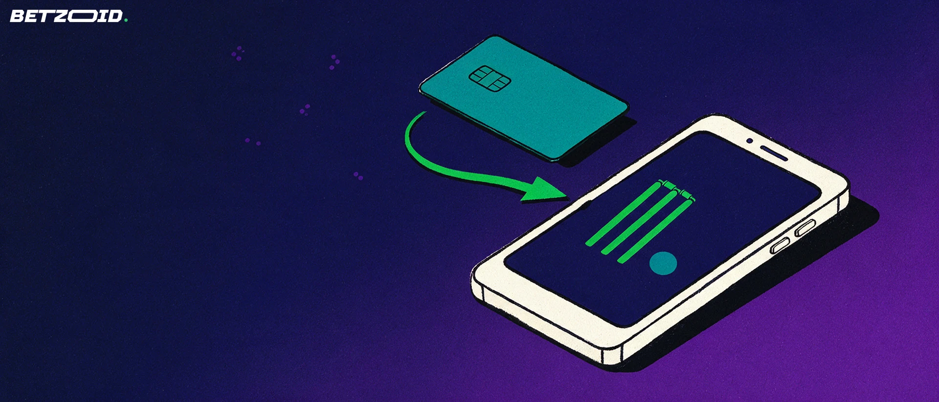 Illustration of a tilted smartphone showing cricket stumps and ball symbols with a plain bank card and arrow flowing into it.