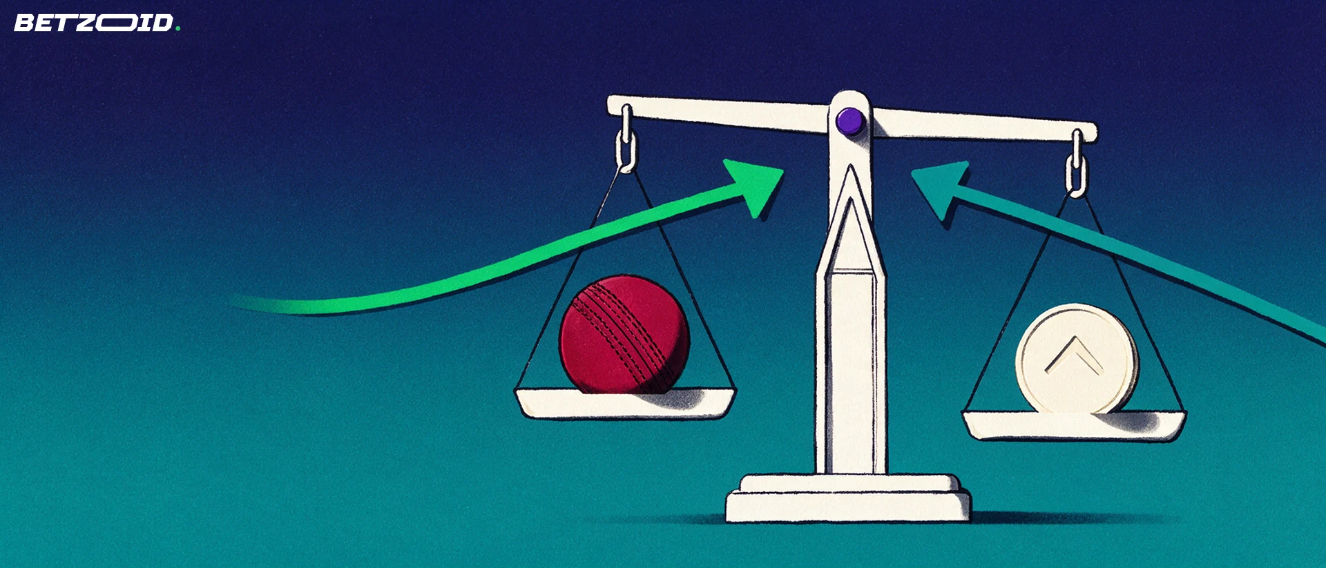 Illustration of a balance scale holding a cricket ball on one side and an arrow token on the other, with two curved arrows meeting at the pivot.