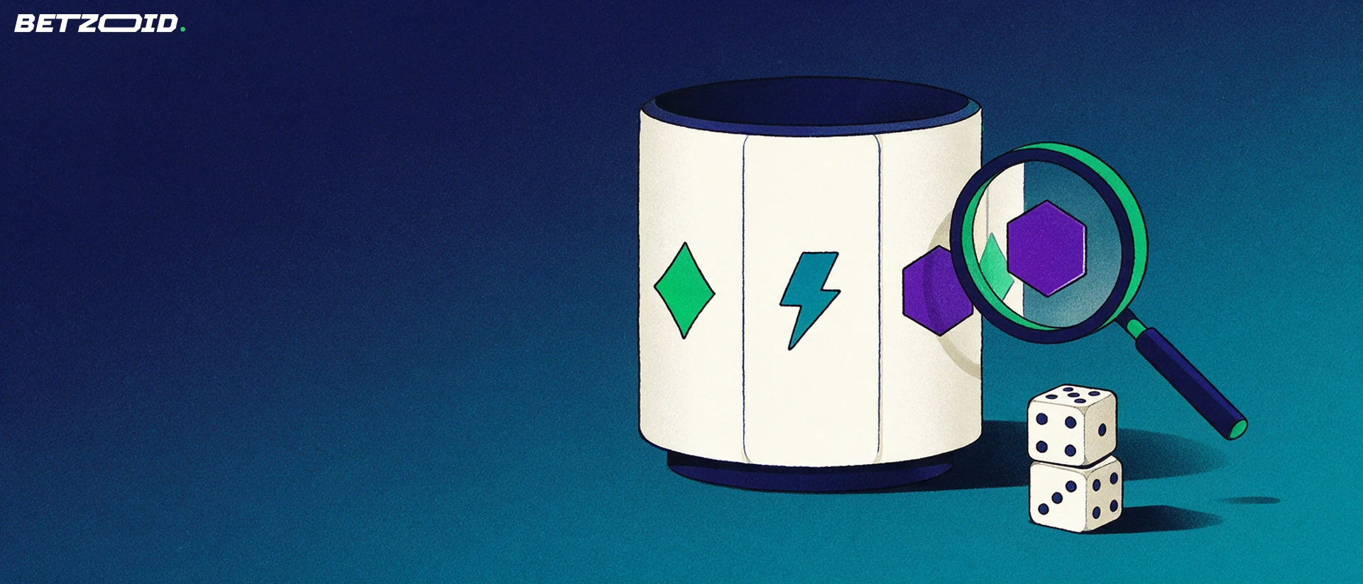 Illustration of a magnifying glass inspecting symbols on a large slot-reel drum with dice beside it