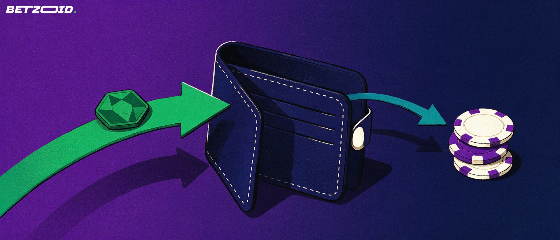 Illustration of a crypto token flowing by arrow into an open wallet and casino chips flowing back out