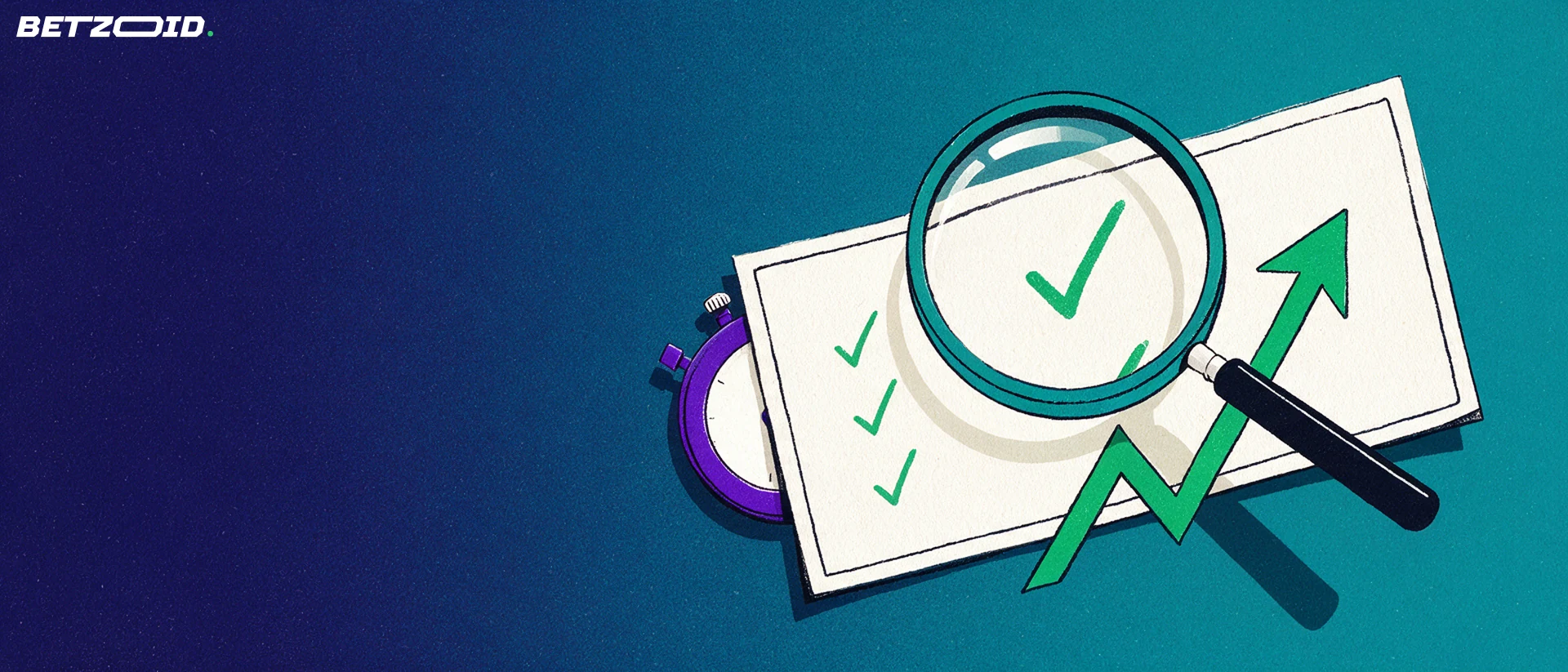 Illustration of a magnifying glass examining a paper sports betting slip with tick marks and a rising arrow beside a stopwatch.