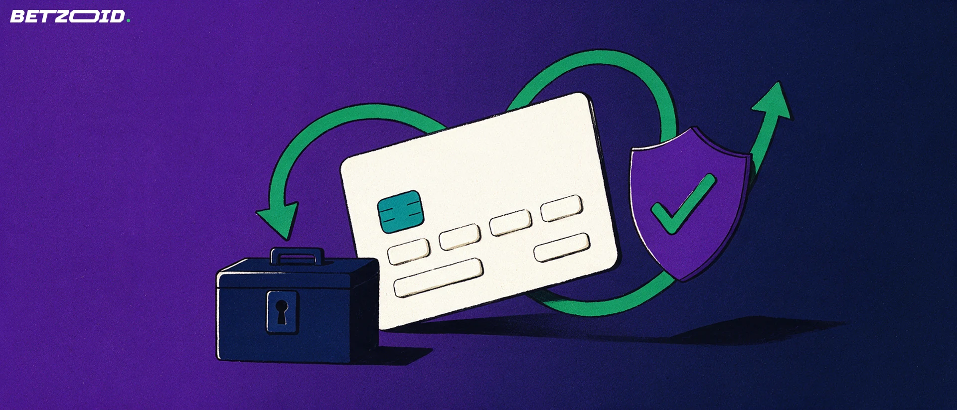 Illustration of a bank card encircled by two arrows leading to a strongbox, with a shield and tick mark for account verification.