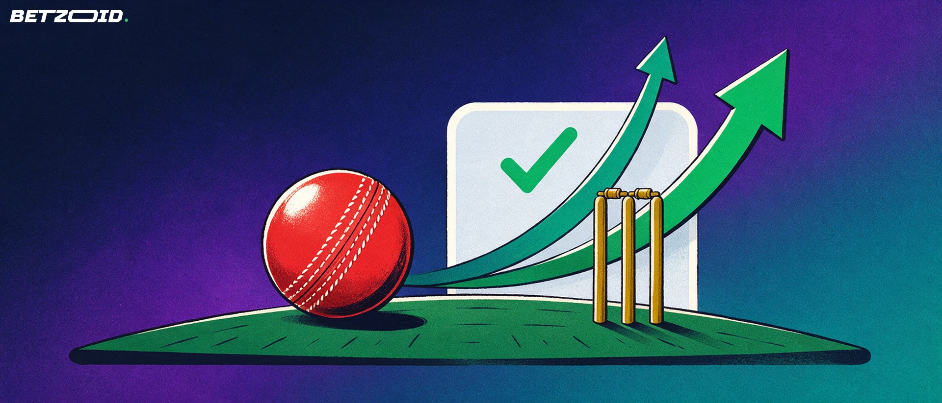 Illustration of a cricket ball beside three stumps with two rising arrows and a card marked with a tick