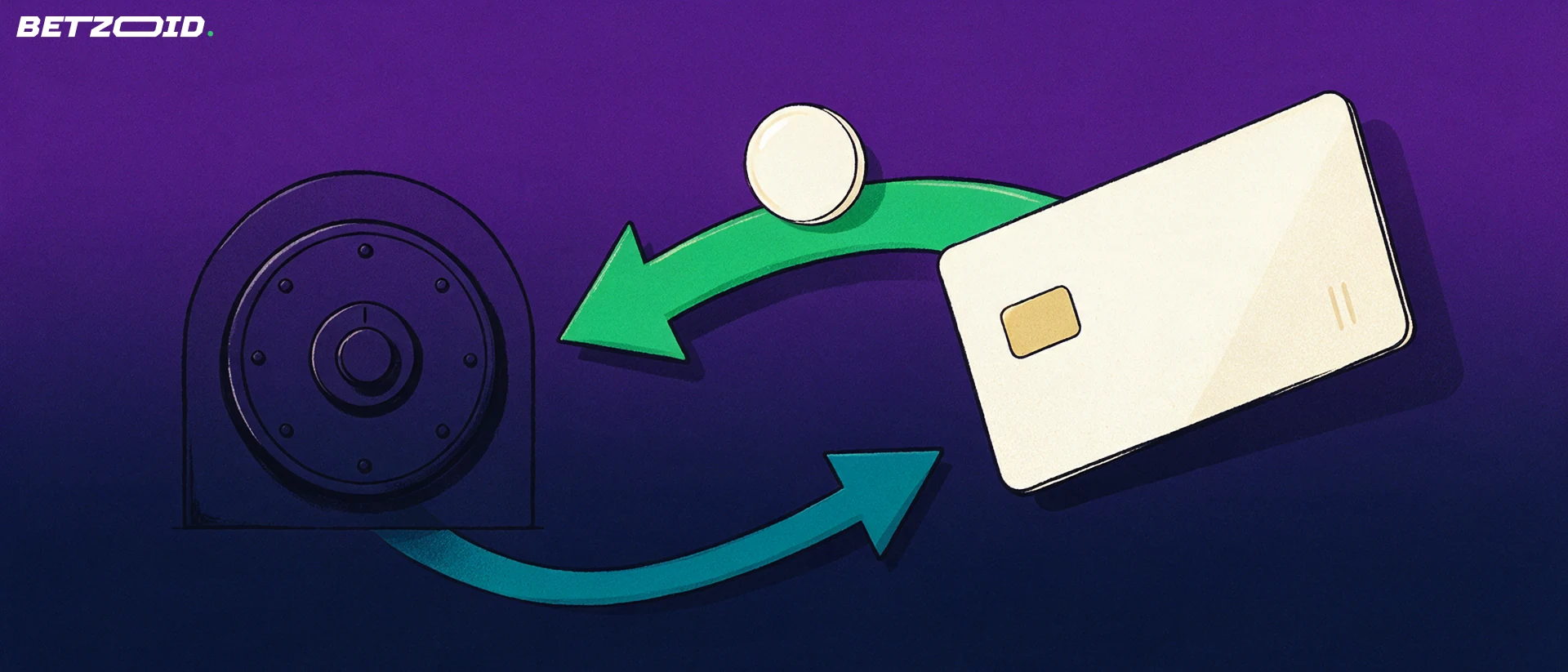 Illustration of a payment card and coin moving along curved arrows between a vault door, showing two-way transfers