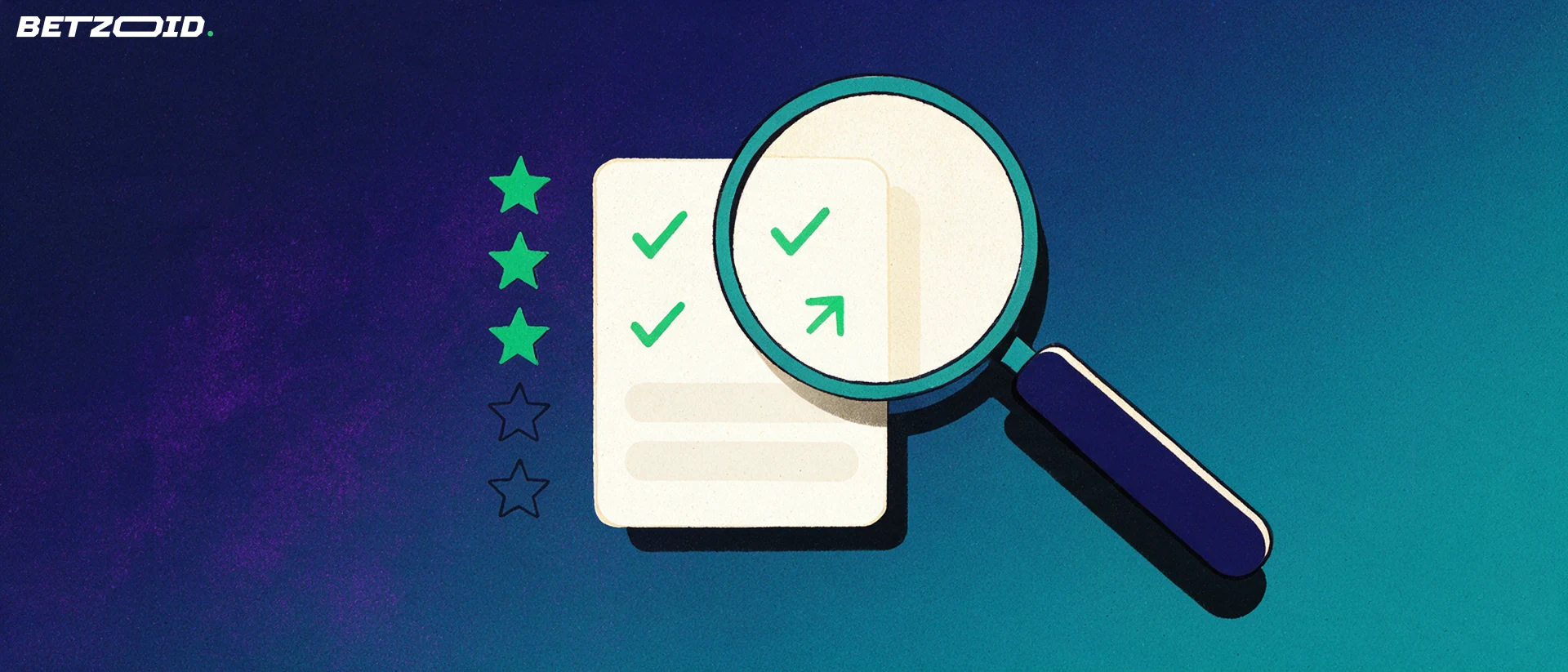 Illustration of a large magnifying glass examining a betting slip card beside a row of rating stars, three of them filled.