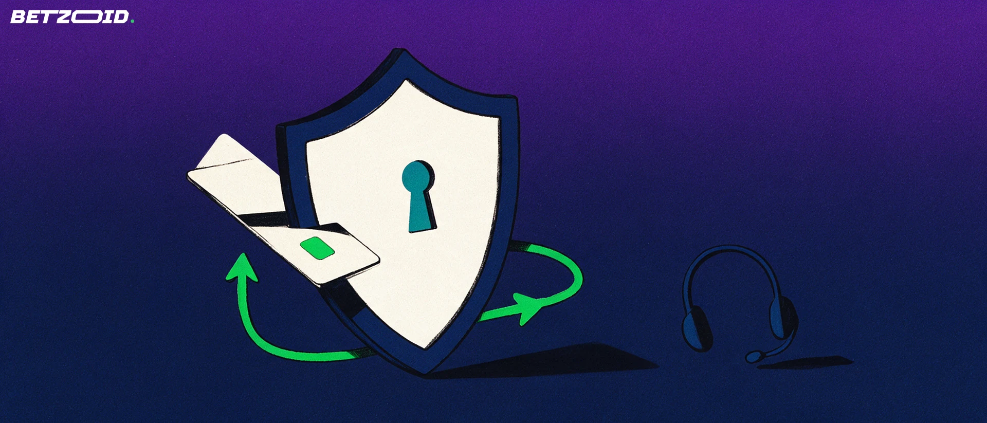 Illustration of a shield with a keyhole accepting a bank card, encircled by a two-way arrow loop, with a small headset nearby.