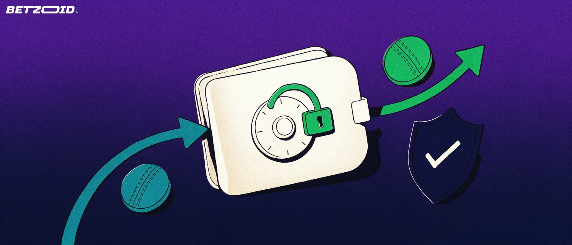 Illustration of a wallet shaped like a vault with arrows moving tokens in and out beside a shield with a check mark.