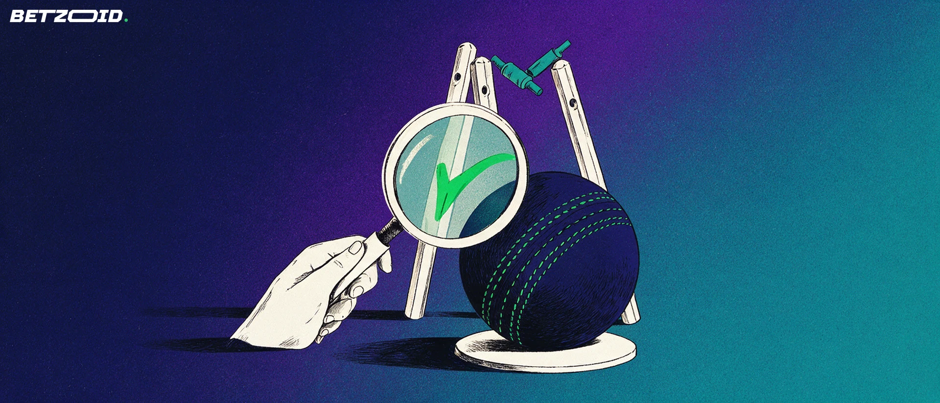 Illustration of a magnifying glass inspecting the seam of a large cricket ball beside cricket stumps