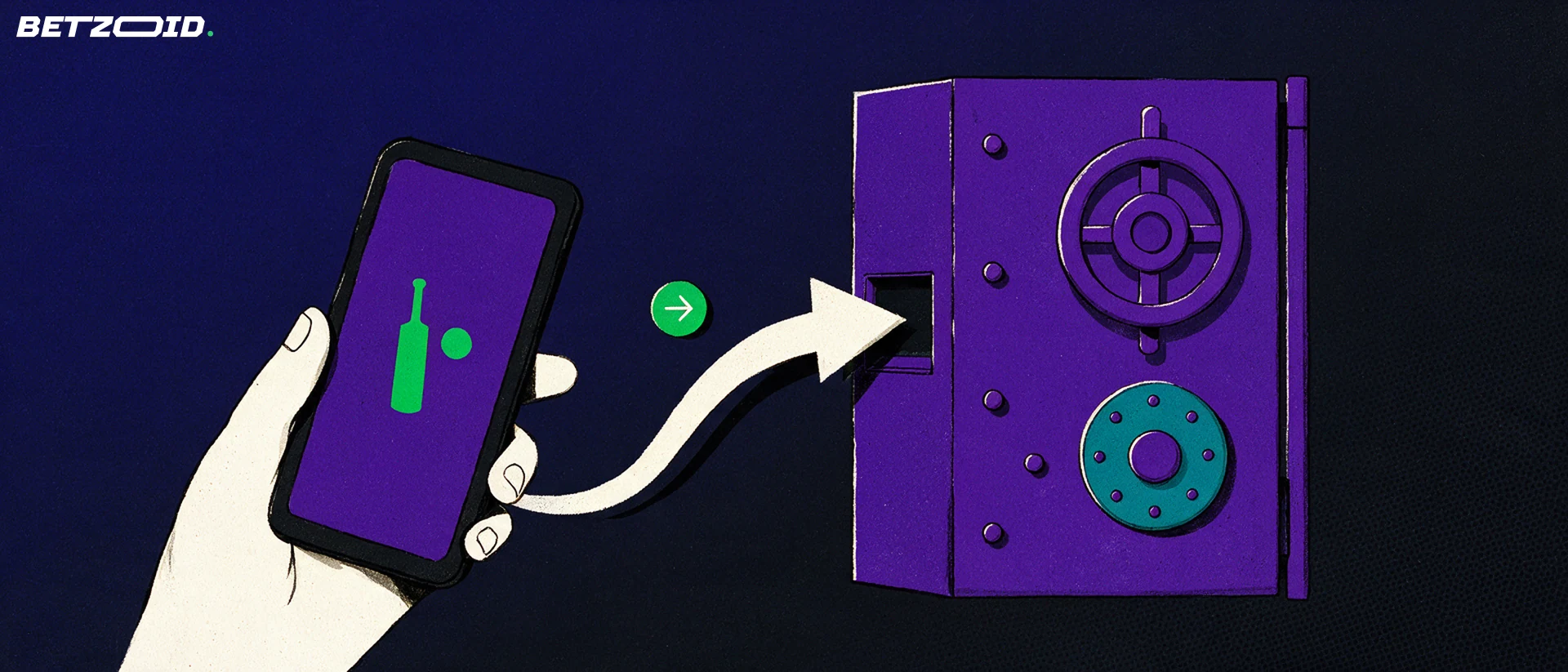 Illustration of a hand holding a phone with a cricket bat and ball symbol, an arrow curving into a secure vault door