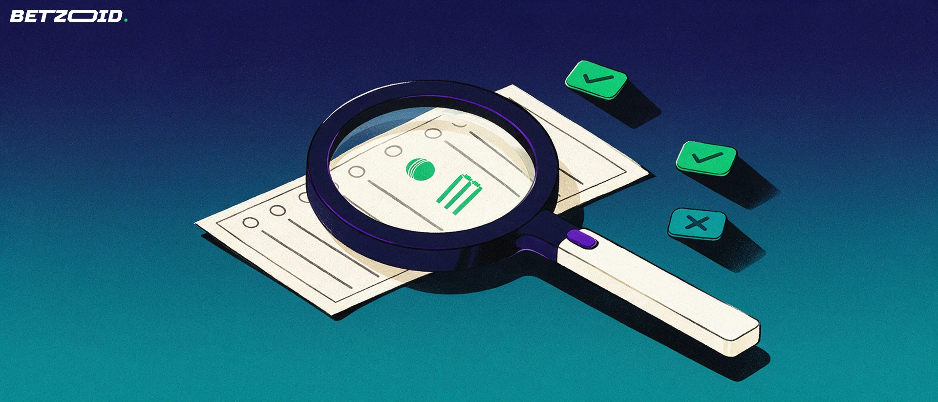 Illustration of a large magnifying glass examining a betting slip marked with cricket ball and wicket symbols beside check and cross marks.