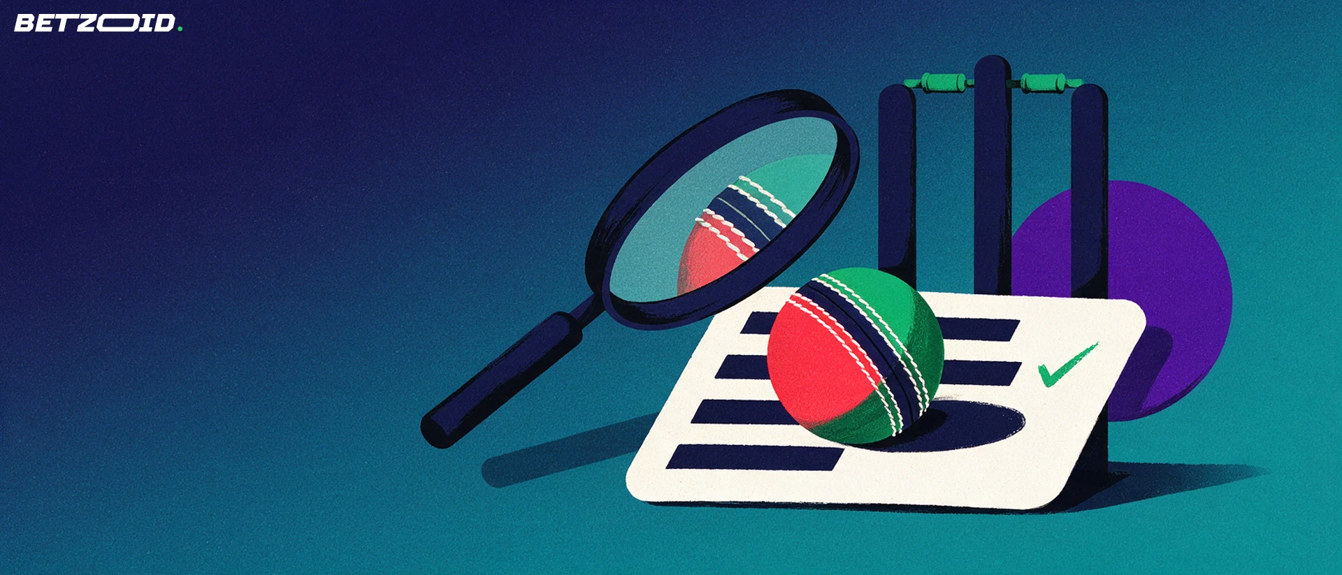 Illustration of a magnifying glass examining a cricket ball on a blank betting ticket beside cricket stumps