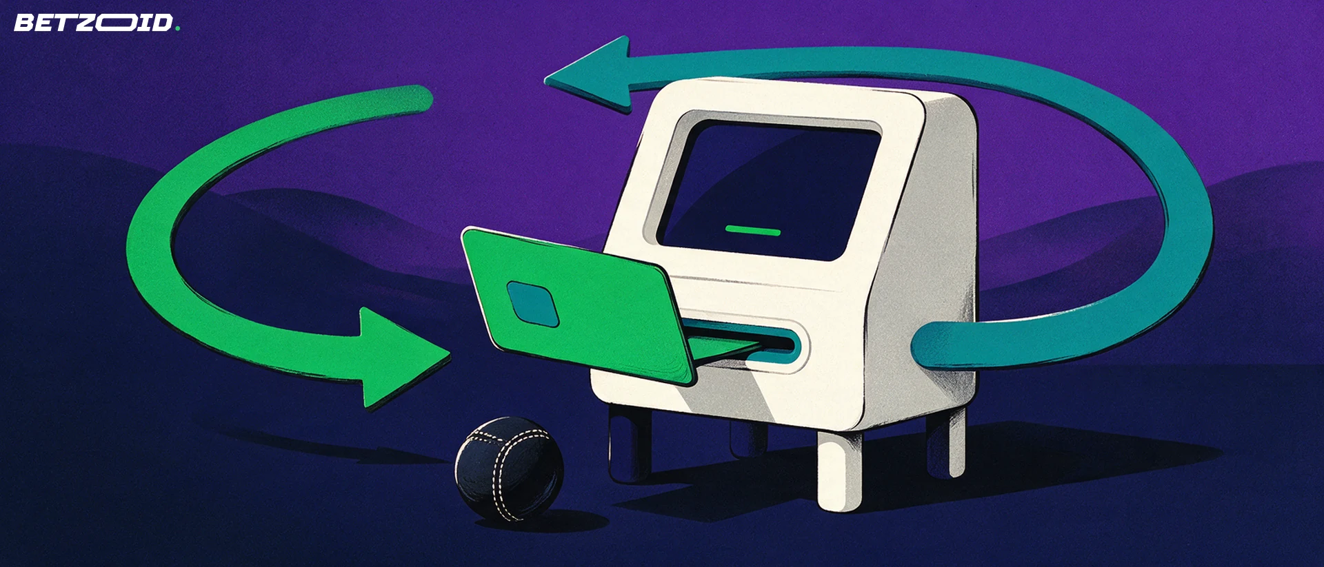 Illustration of a payment card entering a cashier terminal with circular arrows and a cricket ball nearby