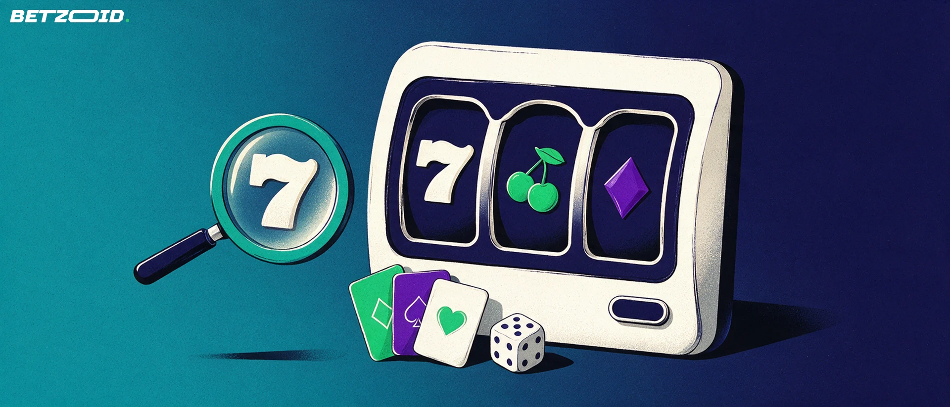 Illustration of a slot machine reel drum with playing cards and a die, examined through a large magnifying glass.