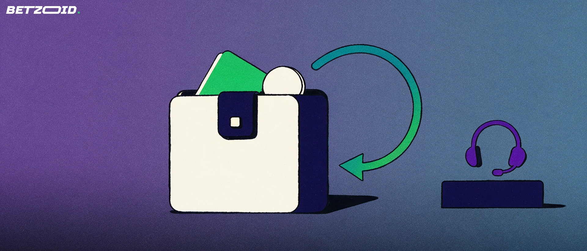 Illustration of a wallet with a payment card, a looping two-way arrow around it, and a headset symbol beside it.