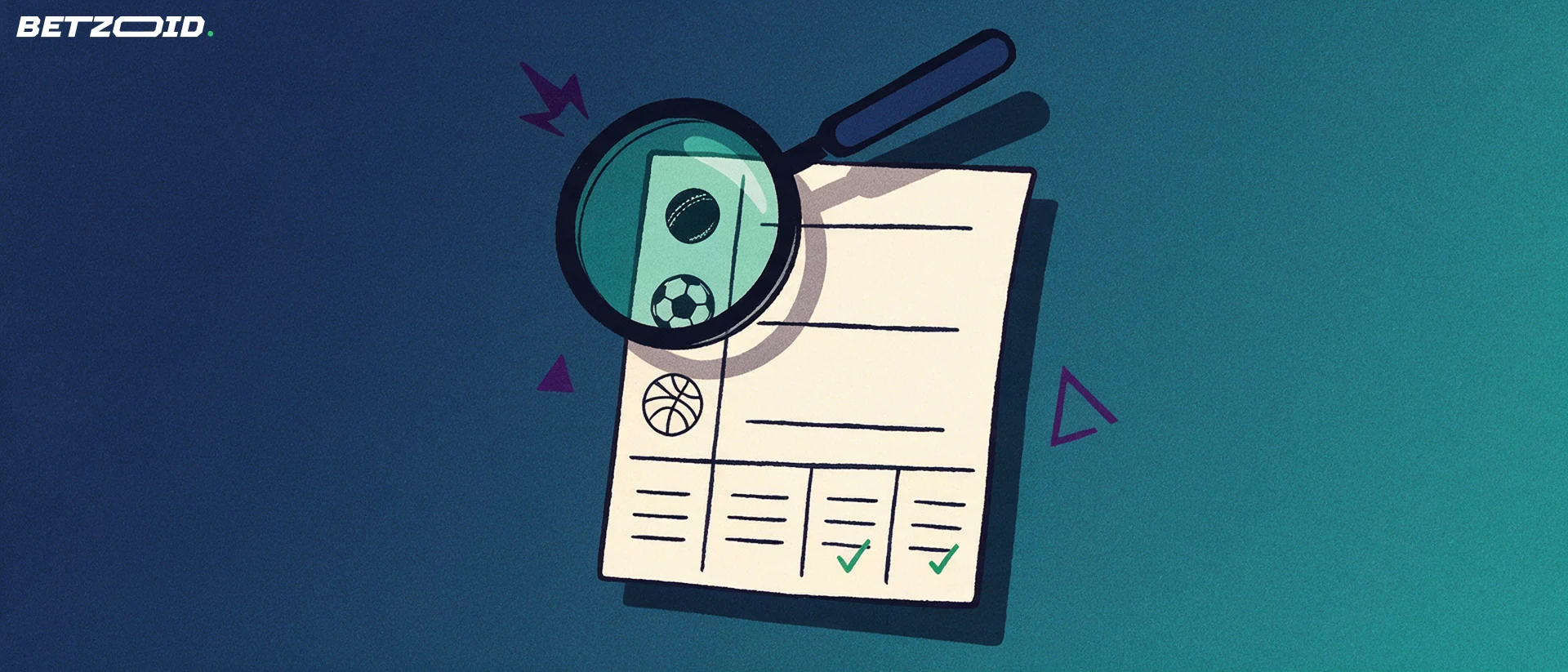 Illustration of a magnifying glass inspecting a paper betting slip marked with cricket, football and basketball symbols and small checkmarks.