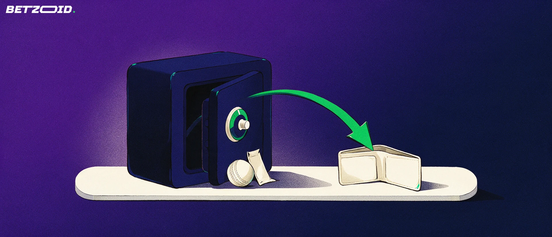 Illustration of an open navy safe with a green arrow flowing into a wallet, beside a cricket ball and a folded betting slip.