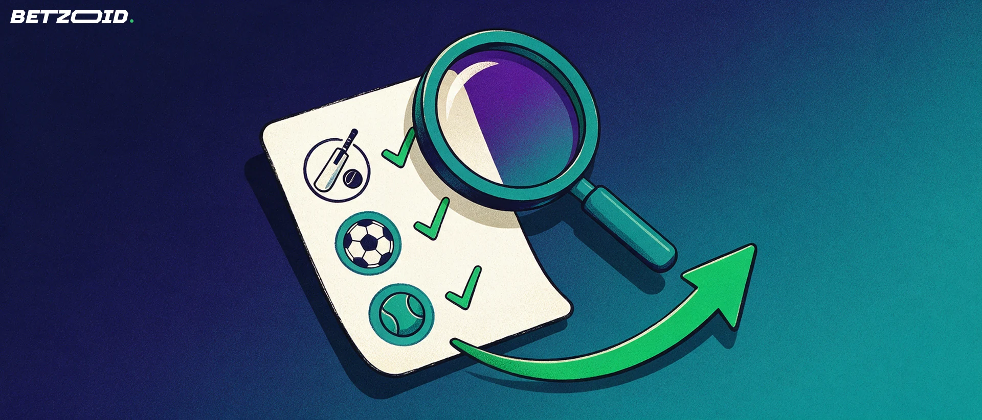 Illustration of a magnifying glass over a betting slip showing cricket, football and tennis symbols with tick marks.