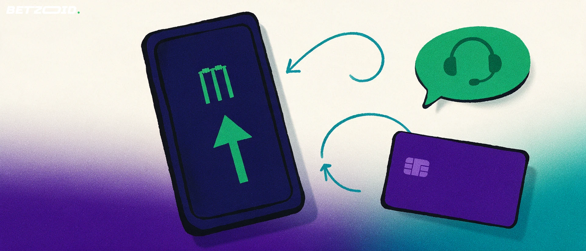 Illustration of a phone with a cricket and arrow icon beside a plain bank card and a support speech bubble with headset.