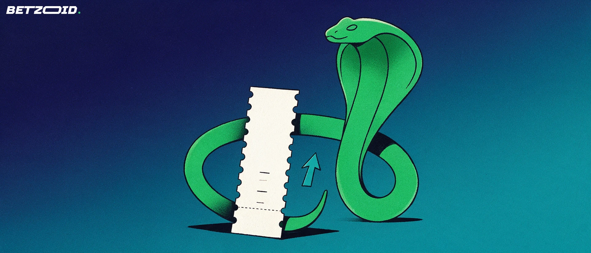 Illustration of a stylised green cobra coiled around a blank paper betting slip with tick marks and an upward arrow.