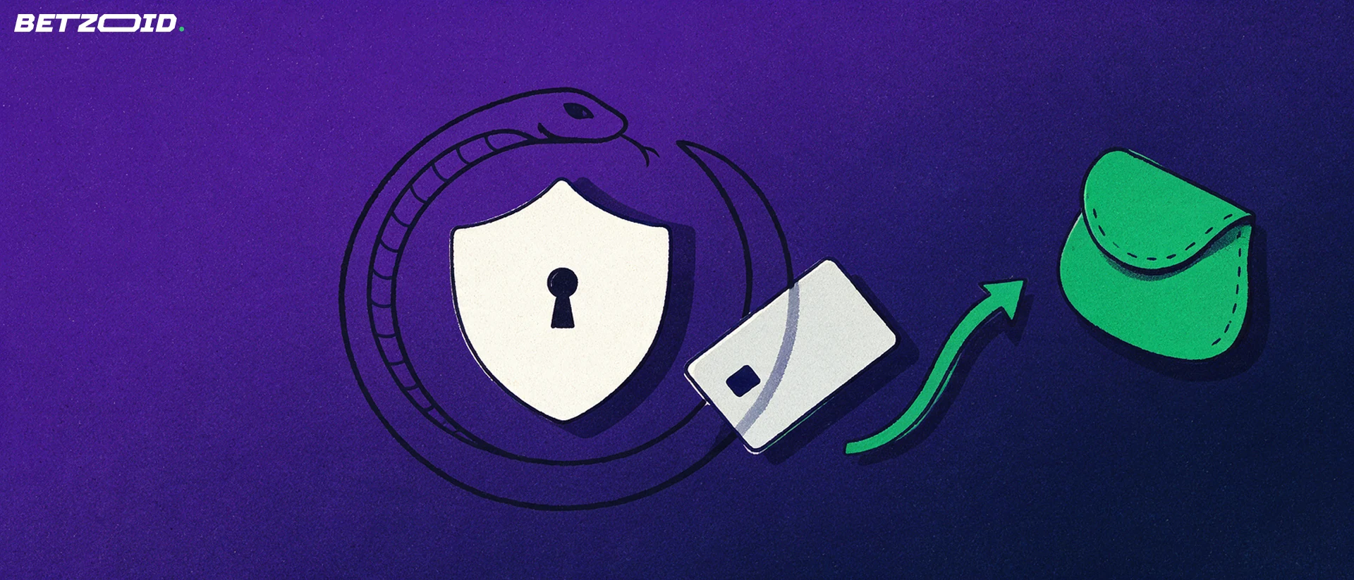 Illustration of a cobra coiled into a ring around a shield with a keyhole, a plain payment card and an arrow leading to a wallet.