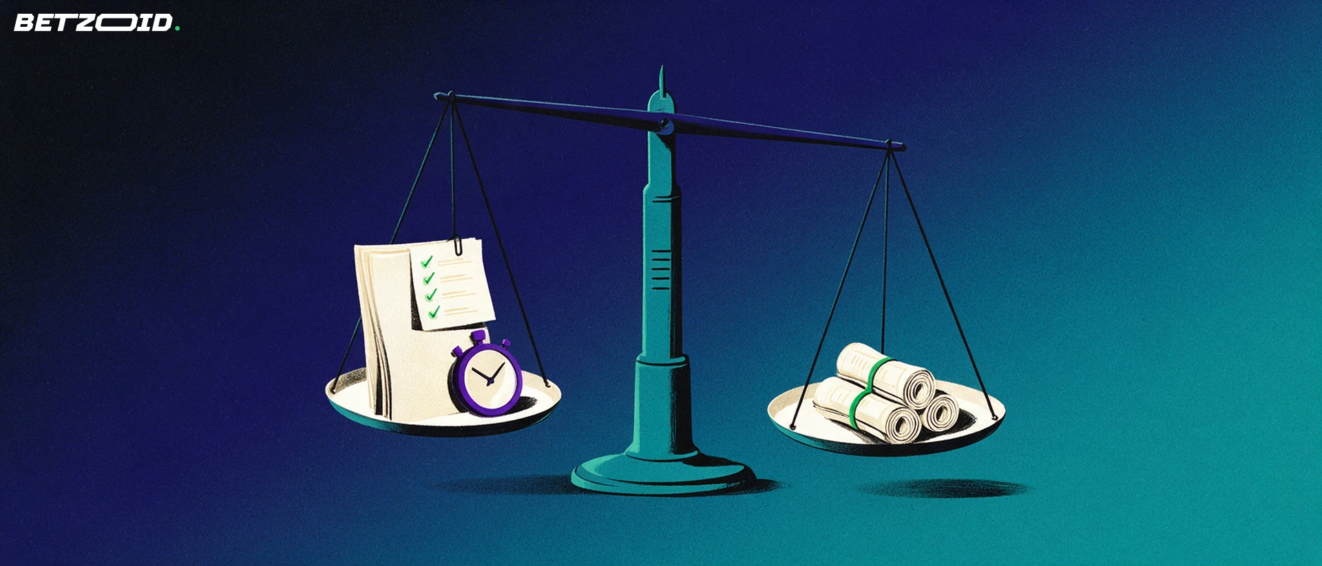 Illustration of a balance scale weighing a rulebook sheet with a checklist and stopwatch against a bundle of rolled betting slips.