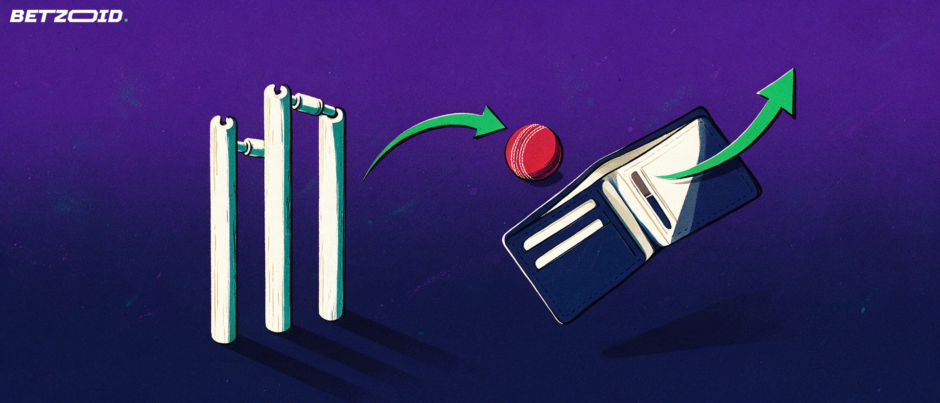 Illustration of cricket stumps beside an open wallet with a cricket ball arcing into it and an arrow curving back out.