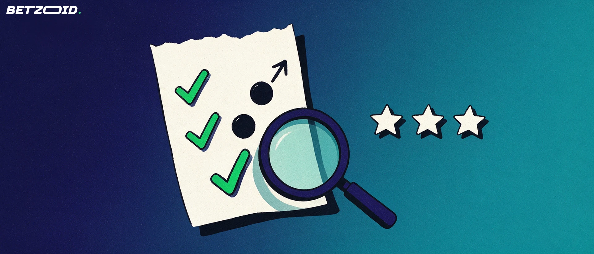 Illustration of a magnifying glass inspecting a large betting slip marked with check symbols beside a row of three stars.