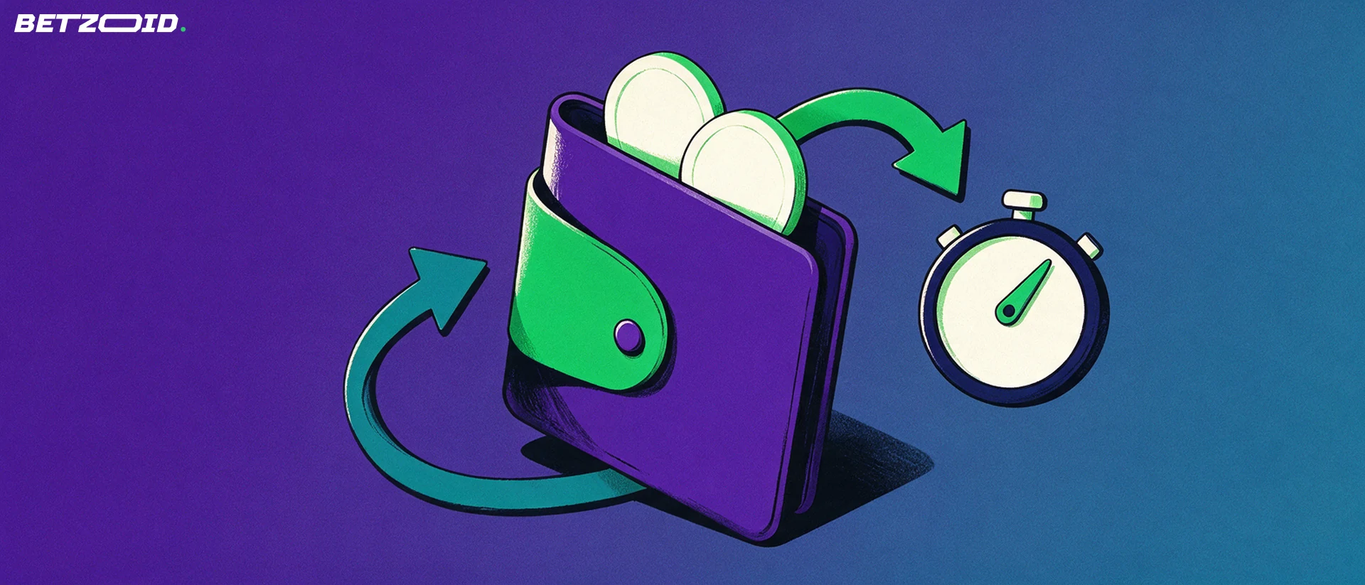 Illustration of an upright wallet with incoming and outgoing curved arrows next to a simple stopwatch.