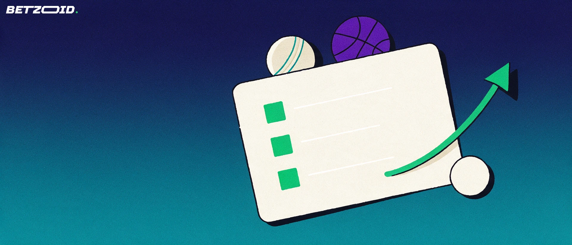 Illustration of a tilted blank betting slip with checkmarks, a rising arrow, a cricket ball and a basketball on a navy background.