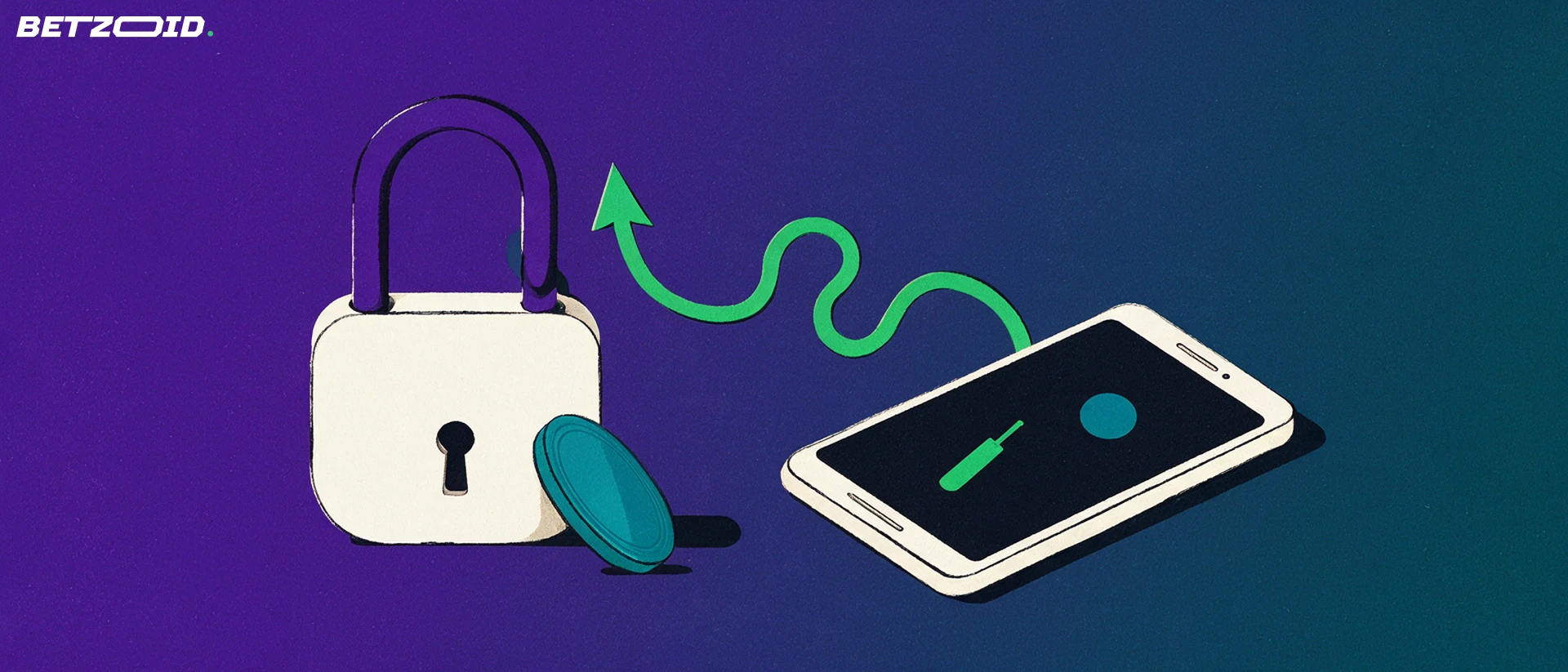 Illustration of a padlock connected by a rising arrow to a phone showing a cricket bat symbol, with a coin beside it.