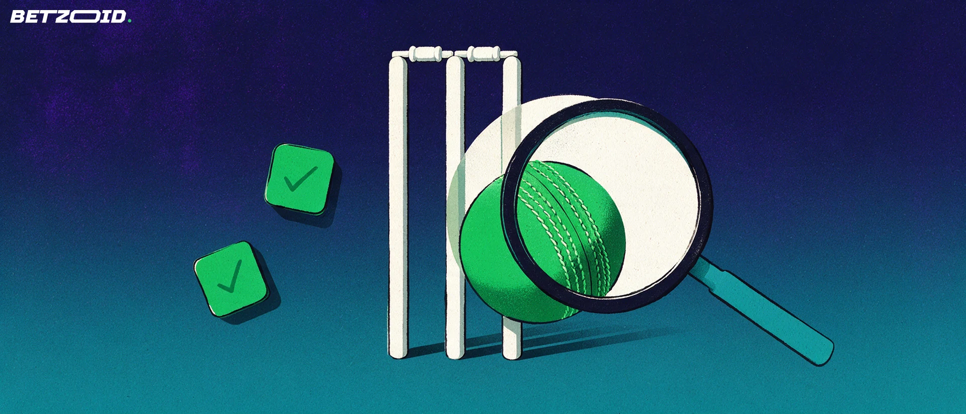 Illustration of a magnifying glass enlarging the stitching of a cricket ball beside cricket stumps and two small tiles with check marks.