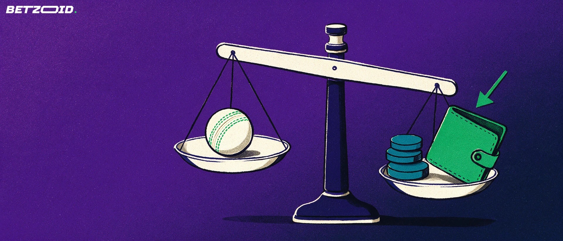 Illustration of a balance scale weighing a cricket ball against a stack of tokens and a wallet with an arrow pointing into it.