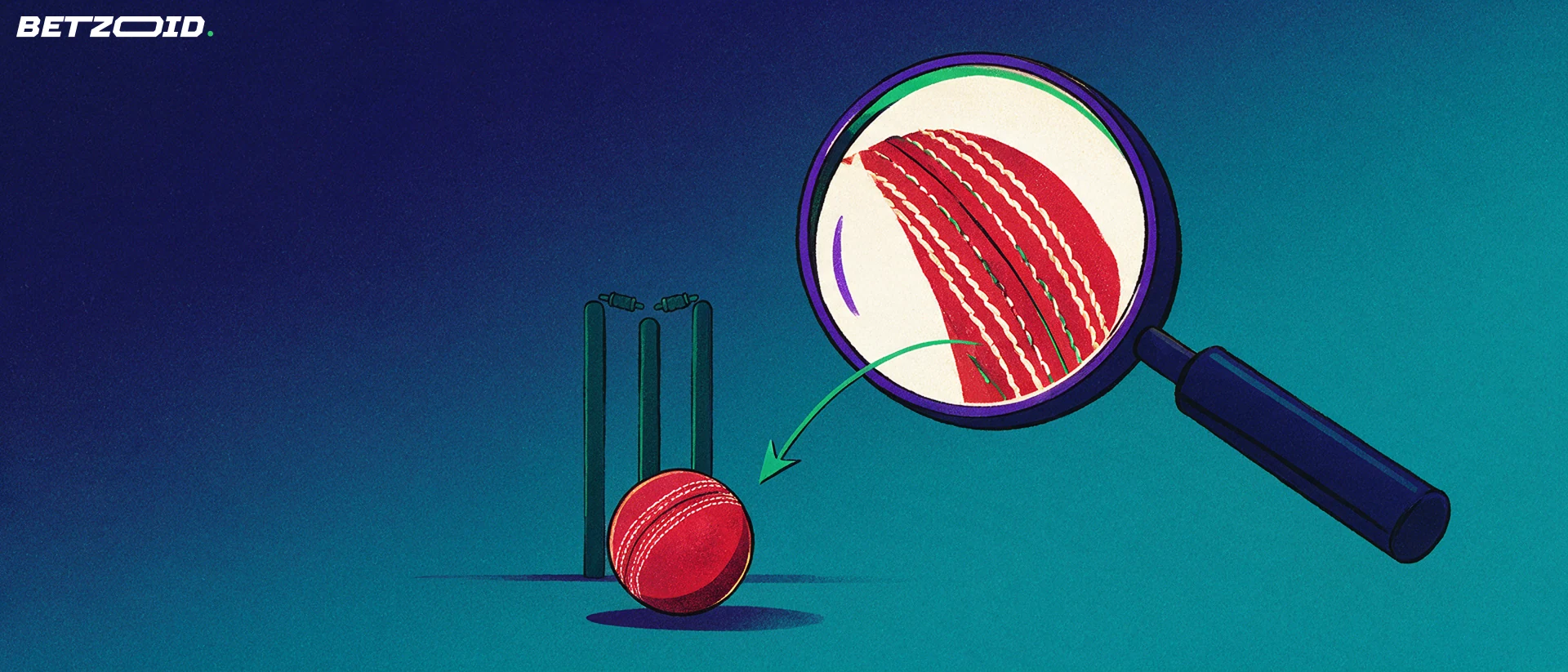 Illustration of a magnifying glass inspecting a cricket ball in front of stumps and bails