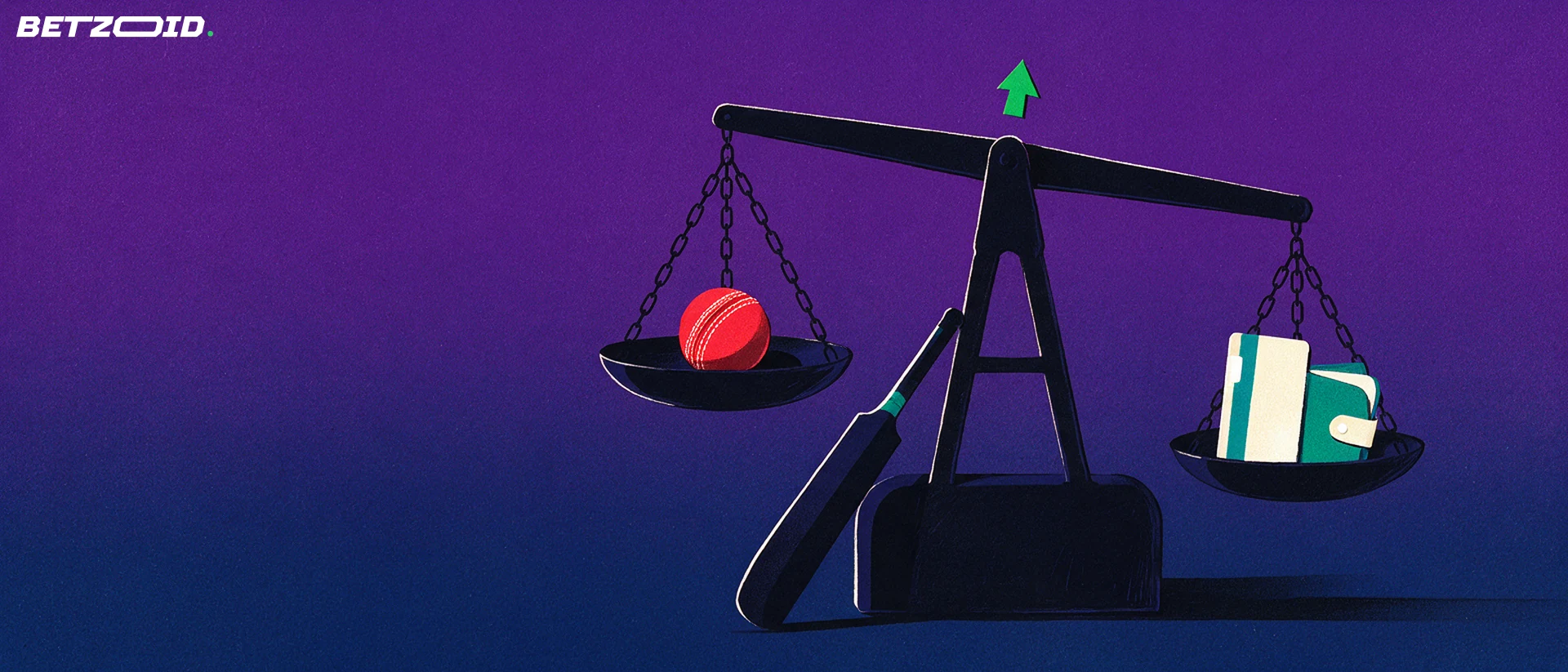 Illustration of a balance scale weighing a cricket ball against a plain payment card and wallet, with a cricket bat leaning nearby