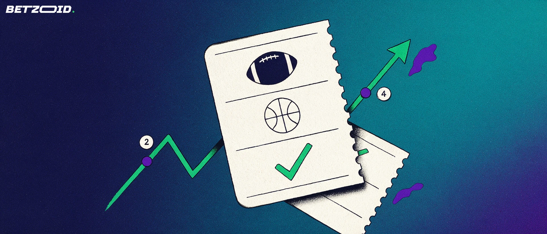 Illustration of a large betting coupon with American football and basketball symbols beside a rising line and arrow representing changing odds.