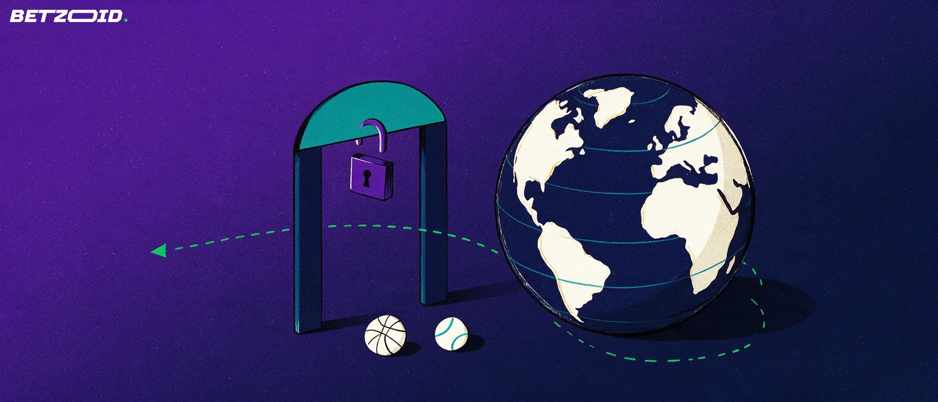 Illustration of a globe with a dashed route curving through an archway gate with an open padlock, next to small basketball and baseball symbols.