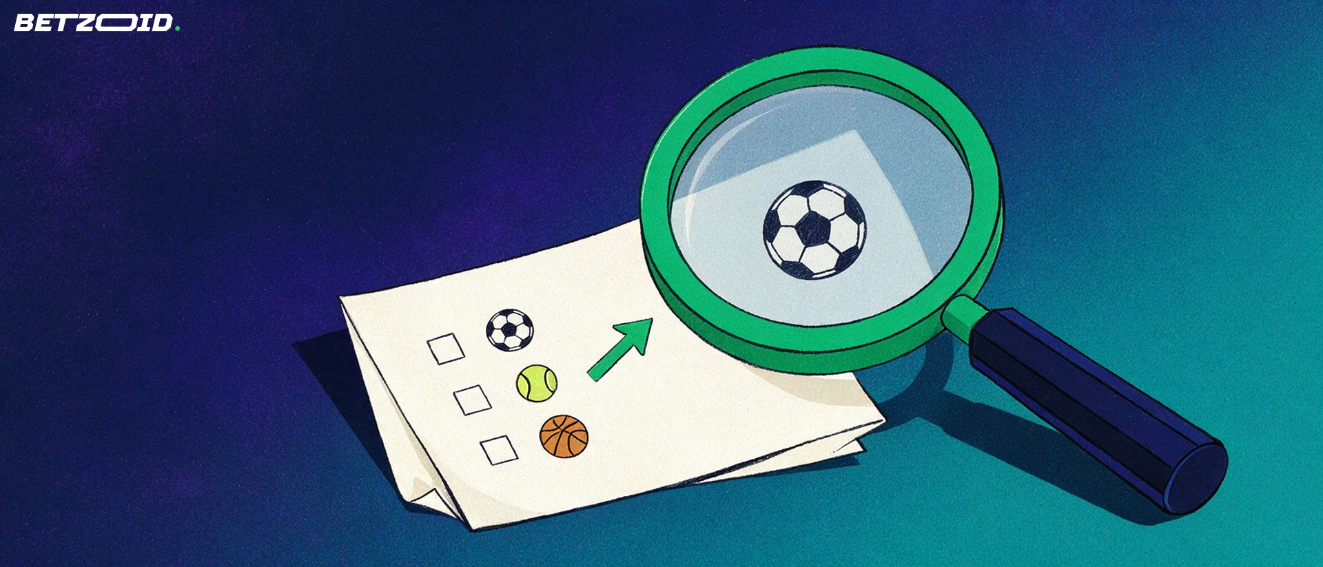 Ilustración de una lupa grande que amplía un boletín de apuestas con iconos de fútbol, tenis y baloncesto