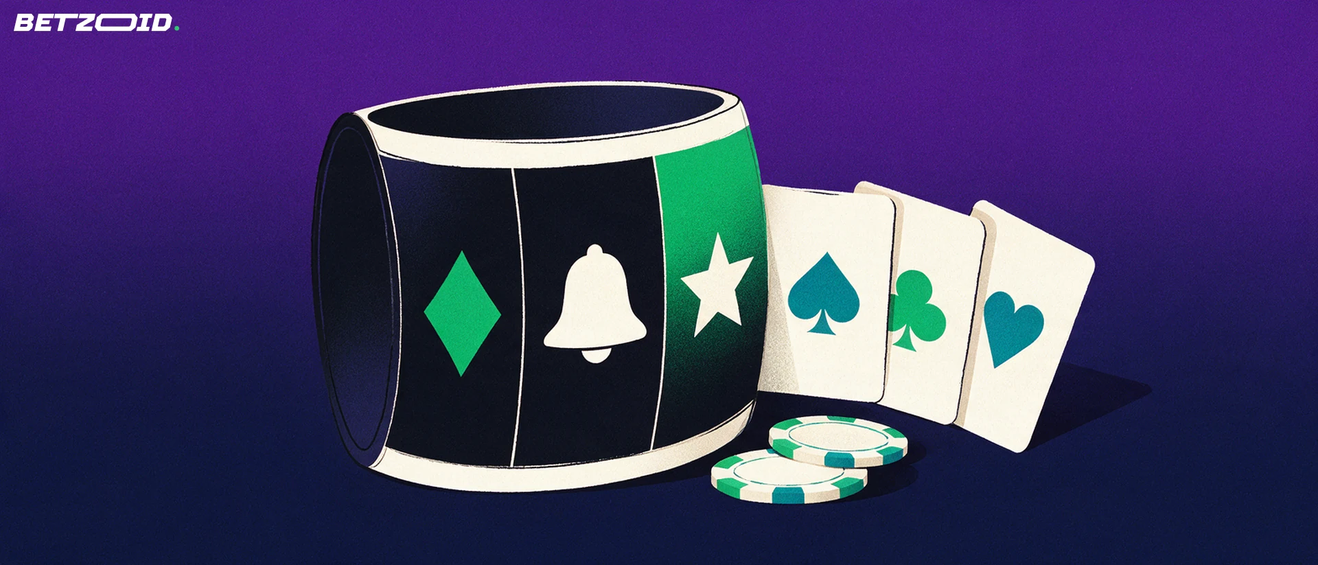 Ilustración de un tambor de máquina tragaperras con símbolos, un abanico de cartas y dos fichas de casino