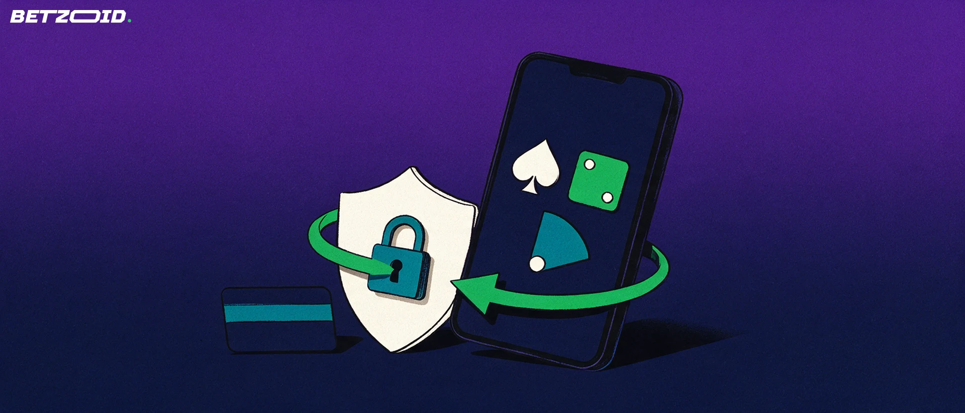 Illustration of a tilted smartphone showing casino game symbols with an arrow looping through a padlock shield and a plain payment card.