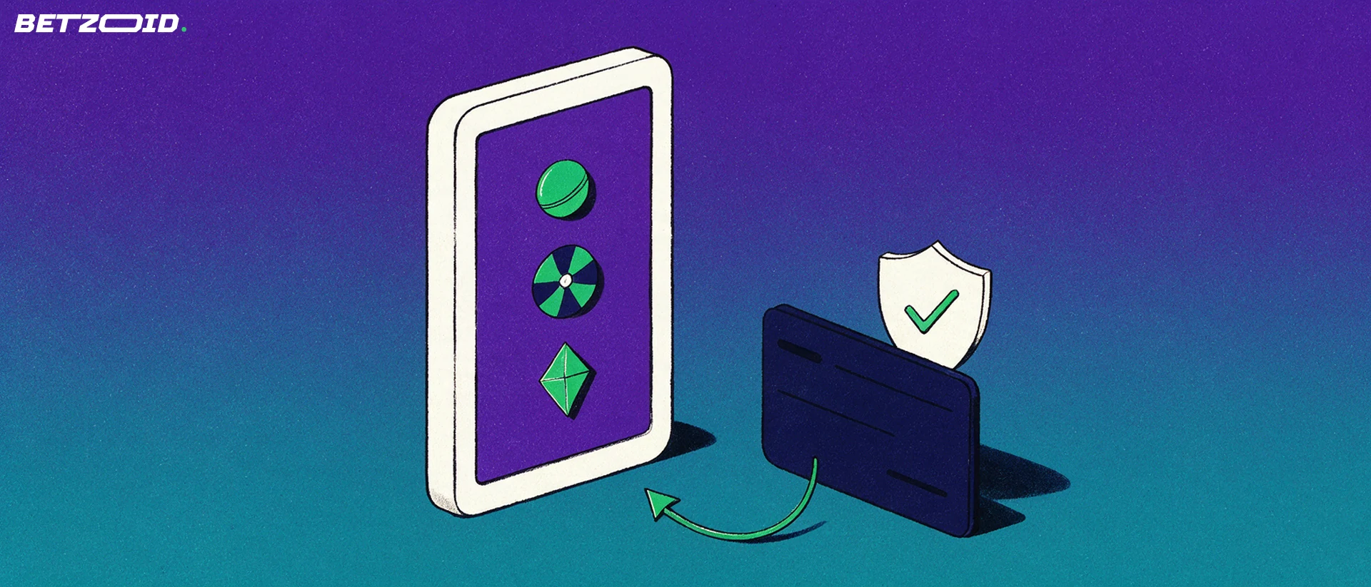 Illustration of a handheld device showing cricket and casino symbols with a payment card and arrow indicating deposits