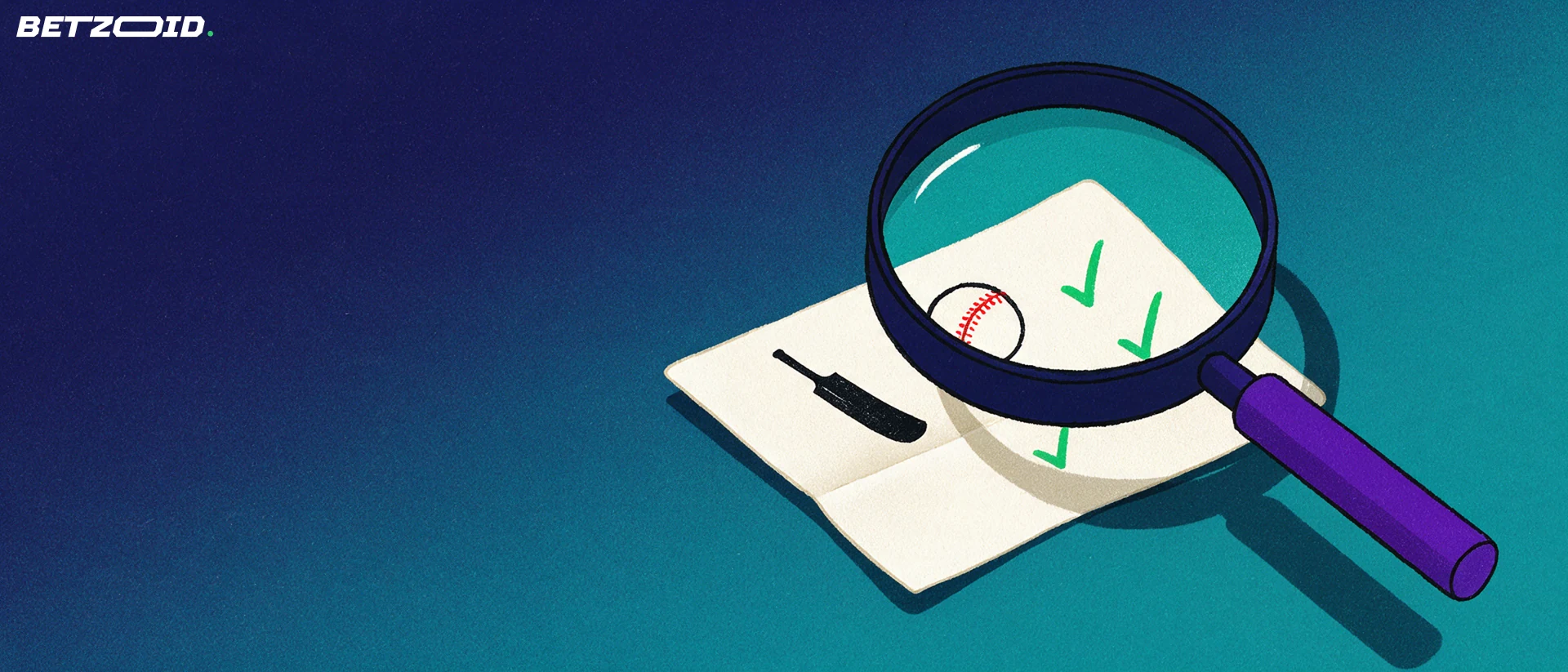 Illustration of a magnifying glass inspecting a betting slip marked with cricket bat and ball symbols and green tick marks